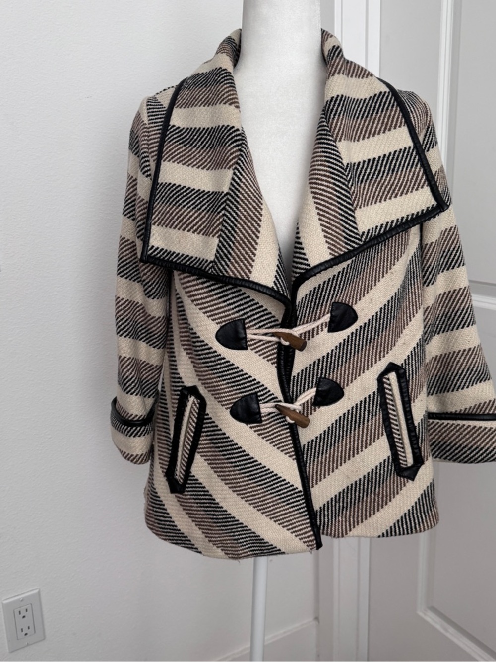 Jolt Cream, Brown & Black Striped Toggle Pea Coat